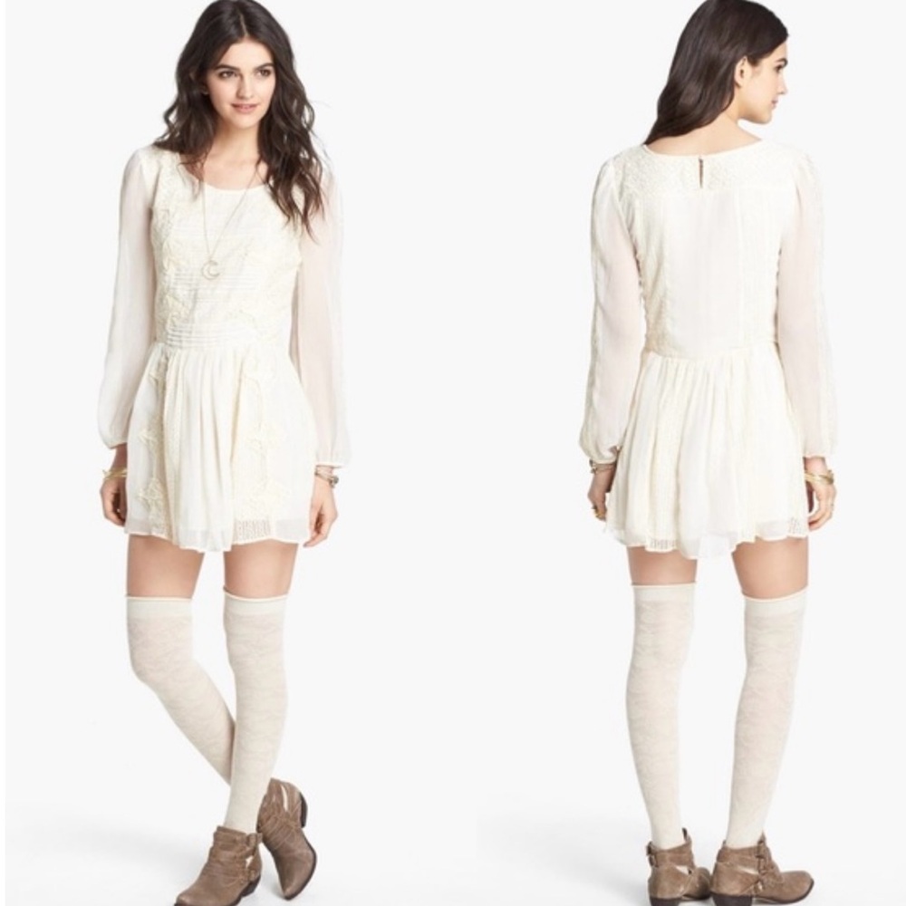 Free People Leigh Ivory Lace Bohemian Dress Long Sleeve Size Medium Flawed